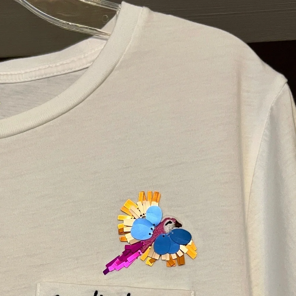 EUC Kate Spade Paradise Bound Sequin Bird White Tee T Shirt Top Size MEDIUM